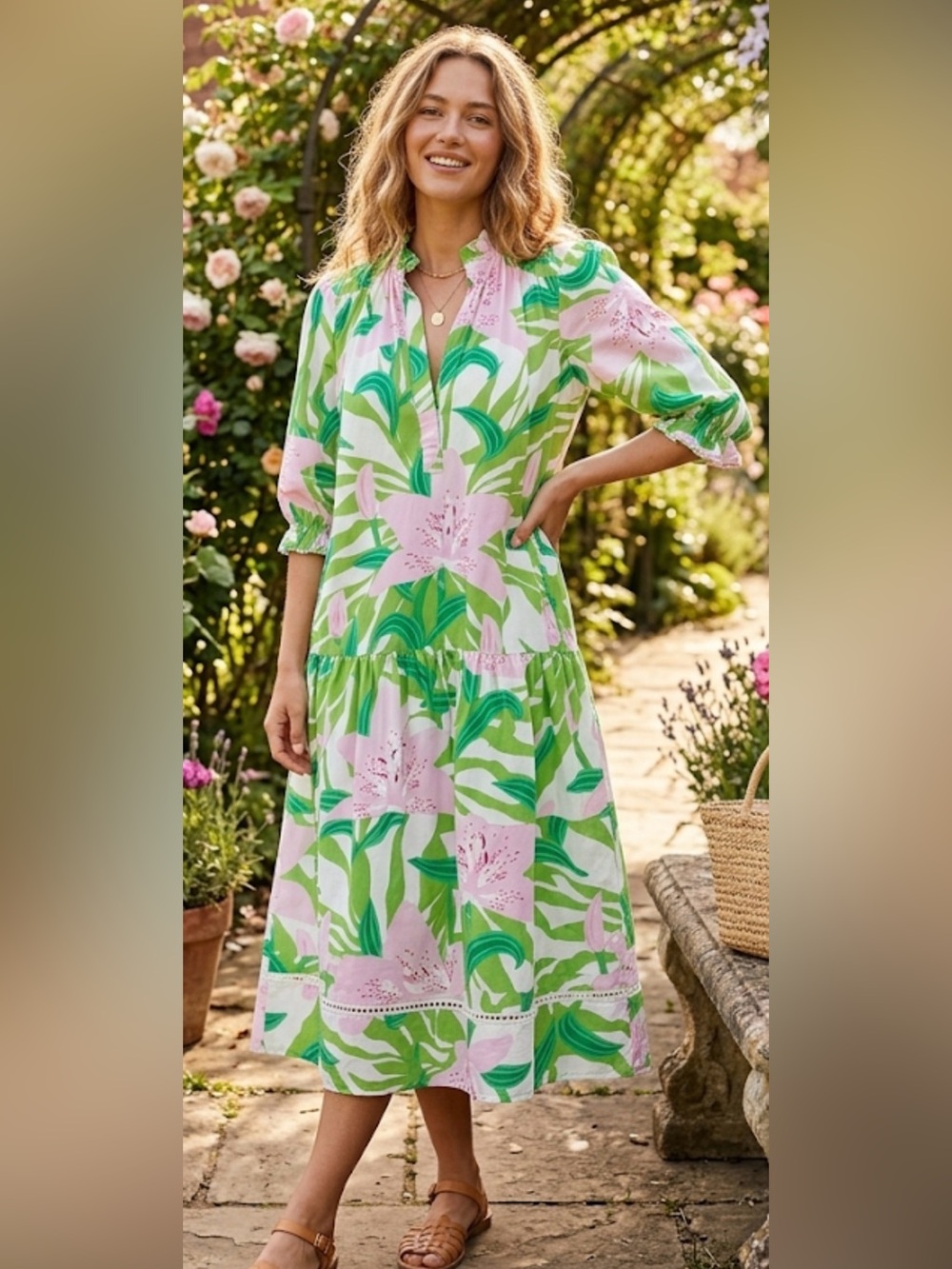 Maude Vivante pink and green cotton floral tiered dress